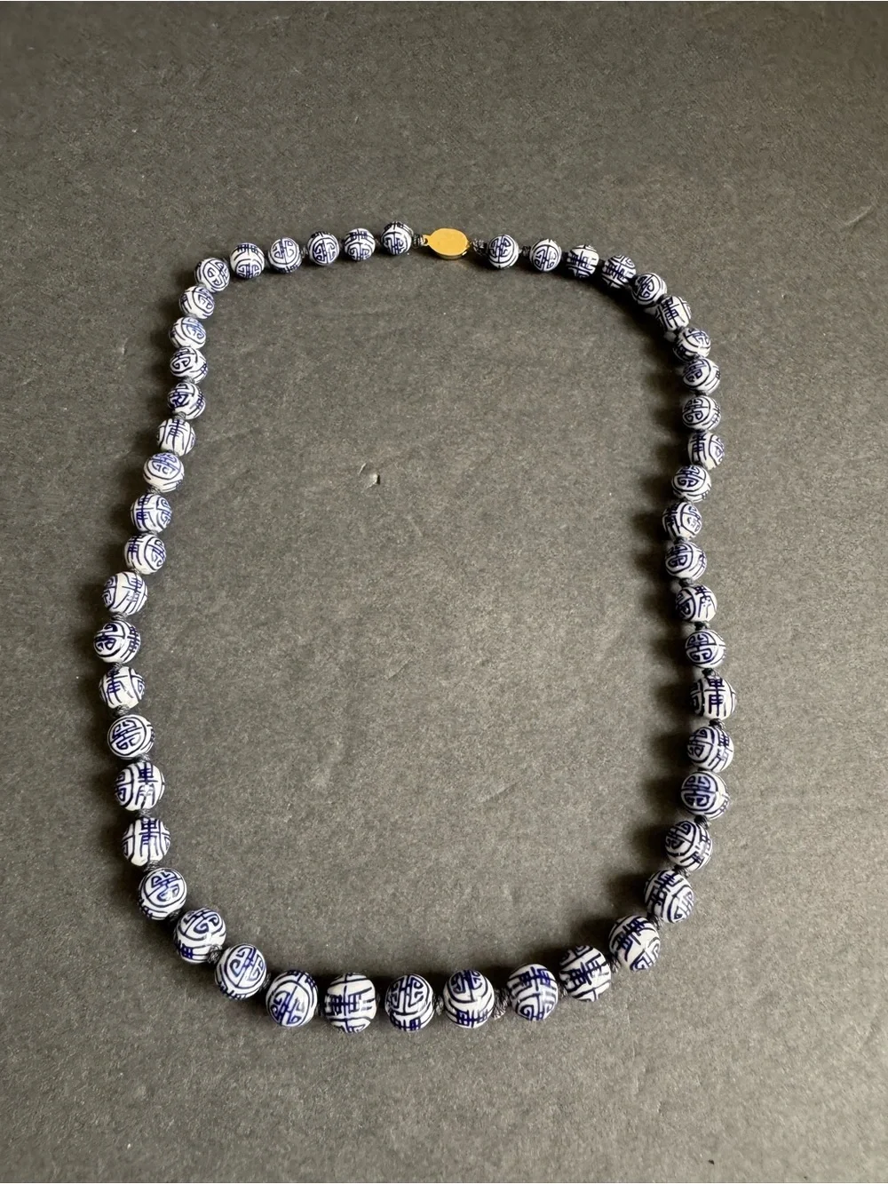 Vintage Chinese Shou Bead Necklace Blue White Porcelain Beaded Longevity 24